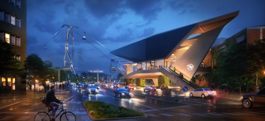 Visionsbild av linbanans hållplats.