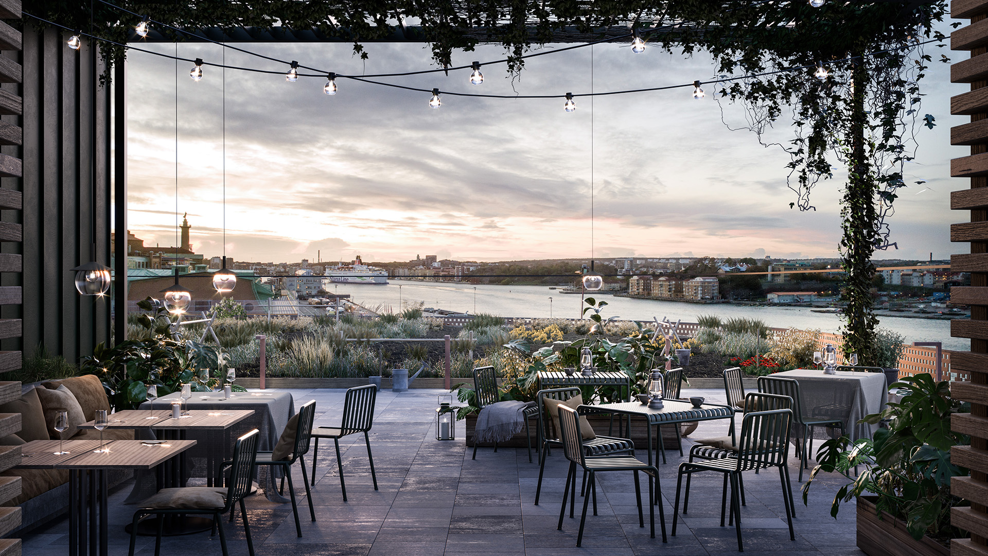 Visionsbild utsikt över älven från restaurangen i nya p-huset på Masthuggskajen