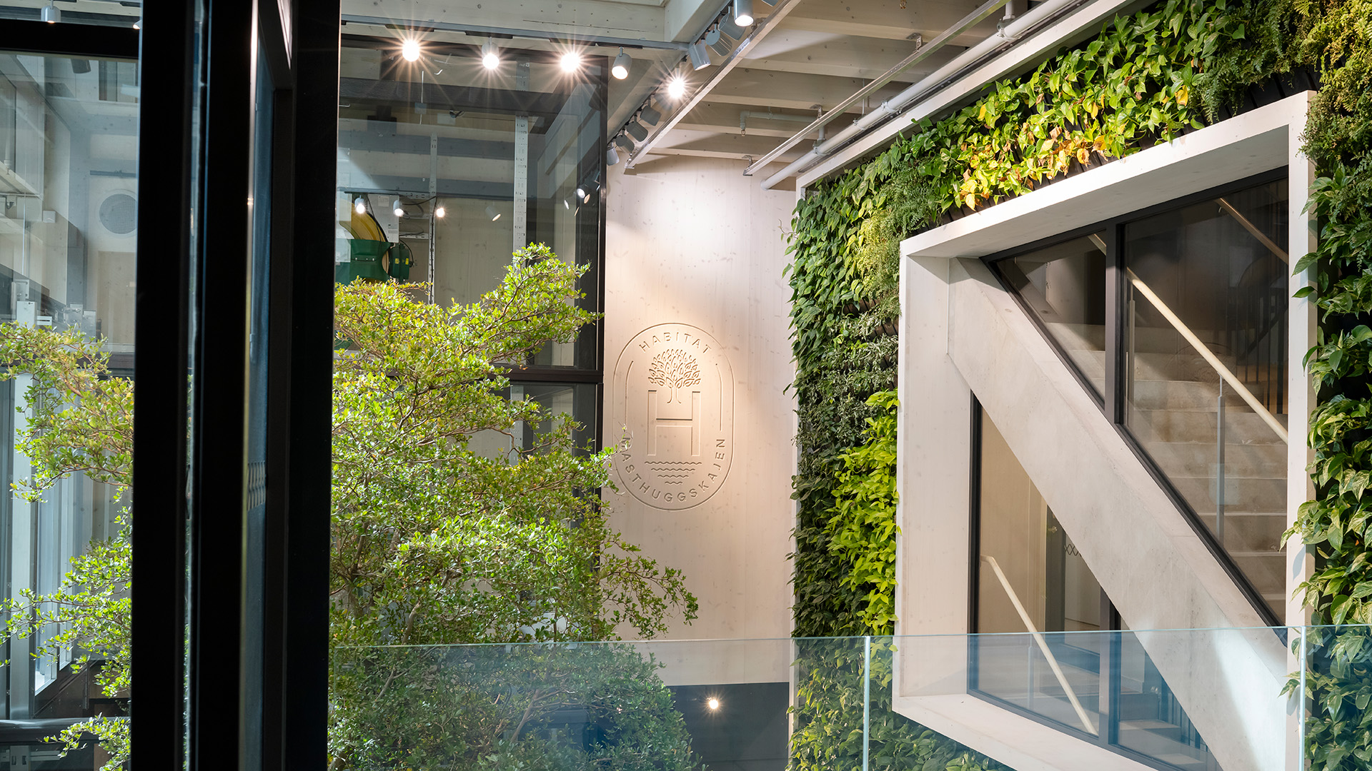 Entrén med träd och växtvägg på Habitat 7