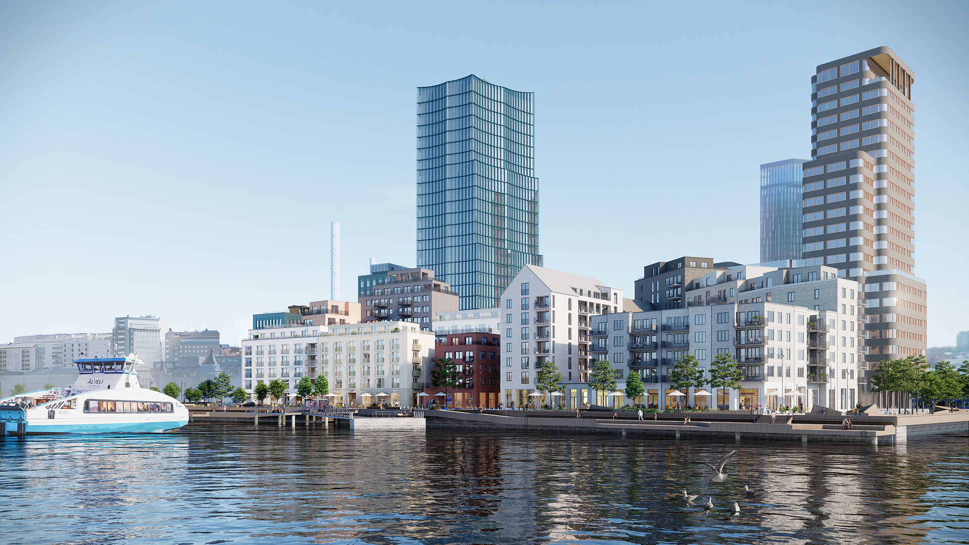 En visualiseringsbild av halvön som visar älven, hus och en färja