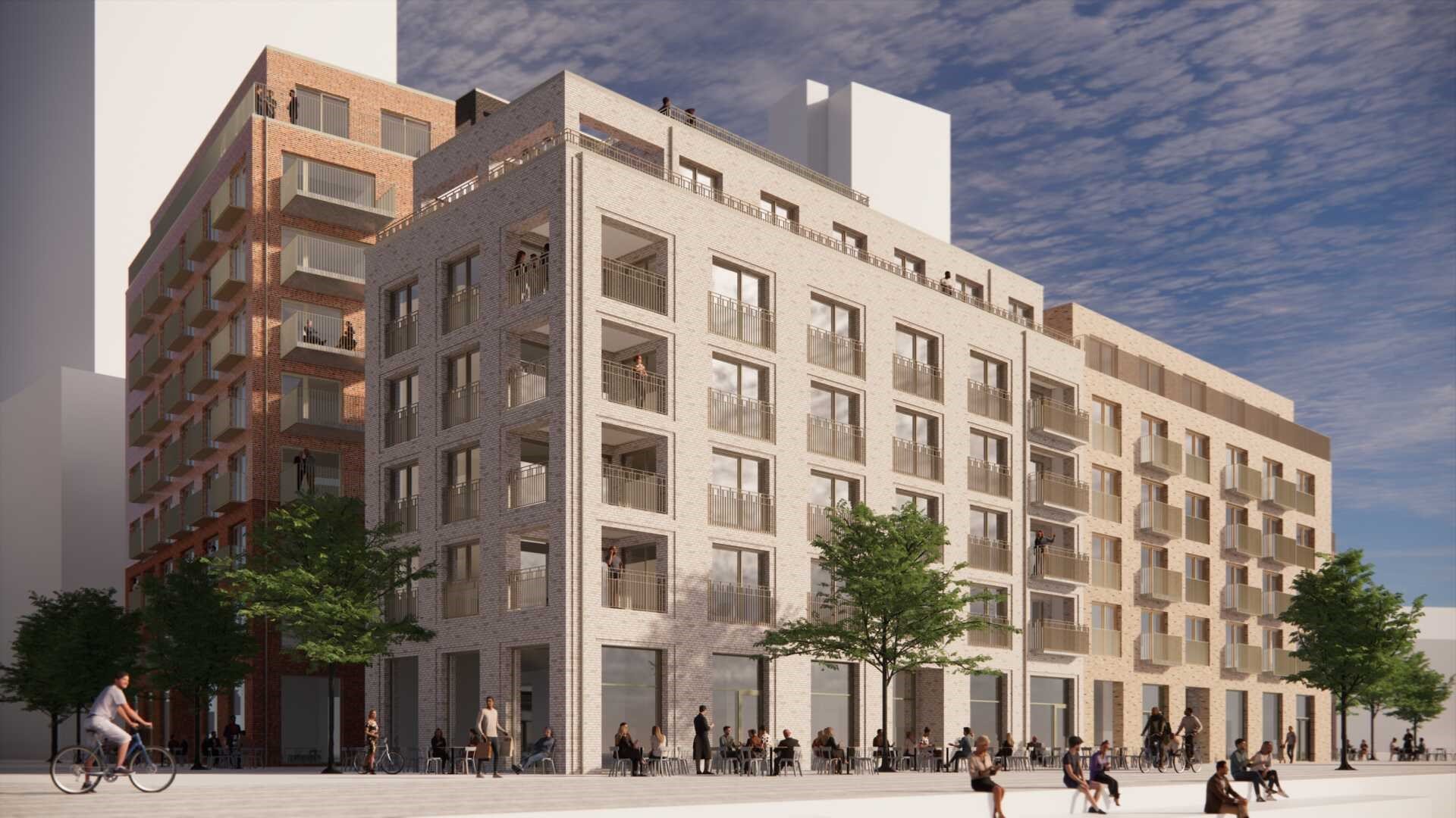 Visualiseringsbild på bostadshus i tegel som ska byggas på nya halvön på Masthuggskajen